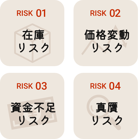 Risk01 在庫リスク Risk02 価格変動リスク Risk03 資金不足リスク Risk04 真贋リスク